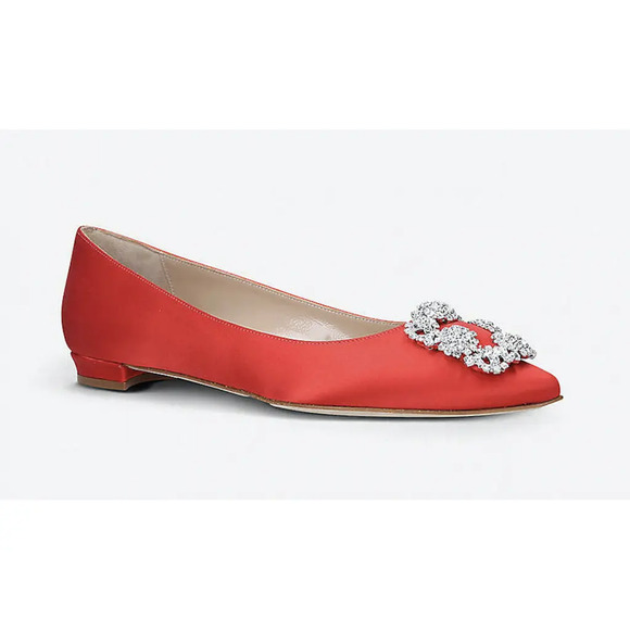 Manolo Blahnik Hangisi Red Satin Silver Jewel Buckle Ballerina Ballet Flat 39.5 - Picture 3 of 12